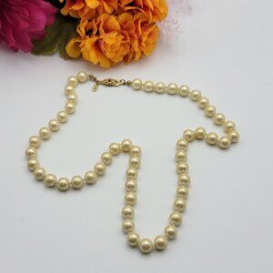 Vintage Napier Faux Pearl Necklace 21" Cream Gold Tone Fishhook Clasp 8mm